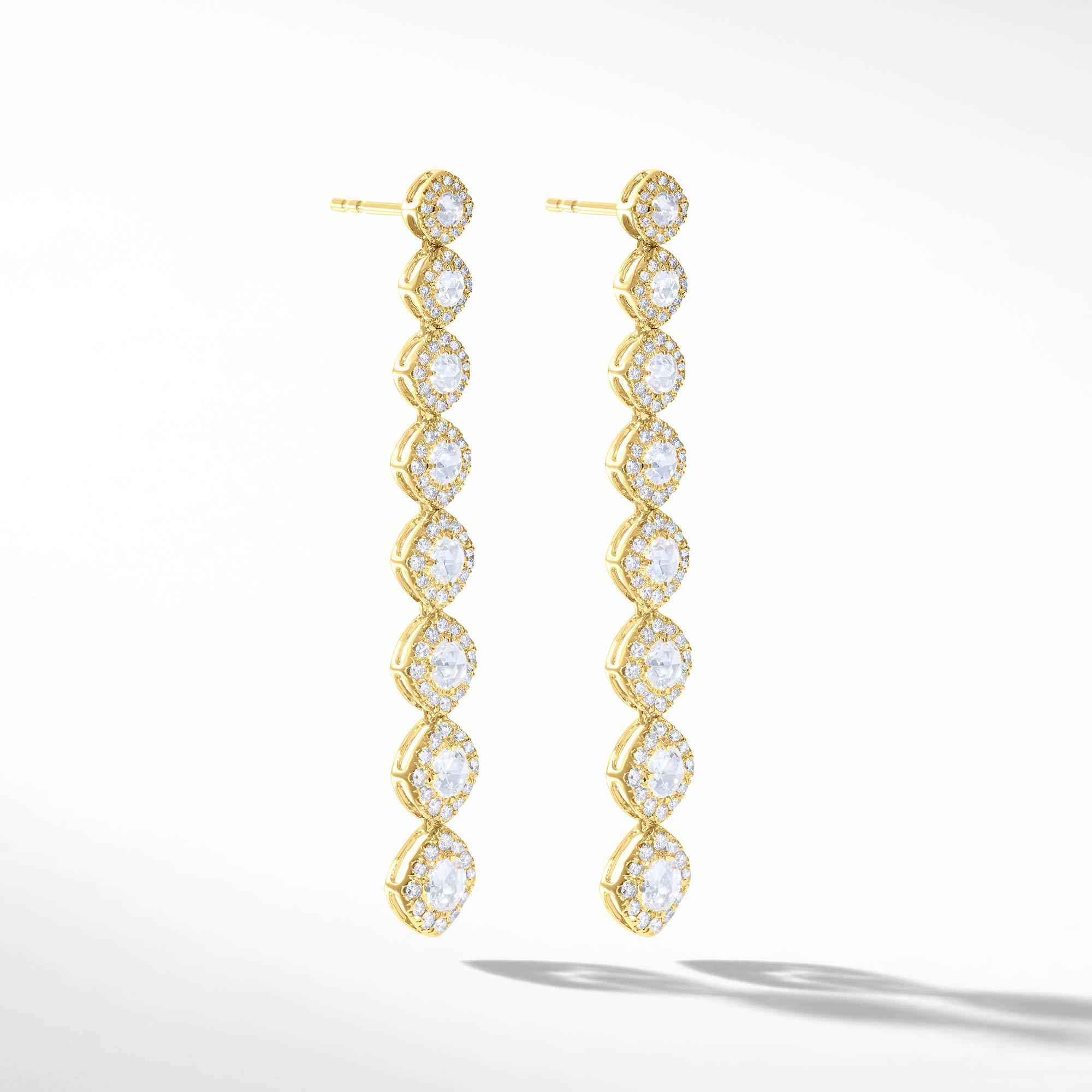 Image of 64Facets Diamond Drop Dangle Earrings in 18k Yellow gold. Rose Cut diamond earrings with pave diamond accents.